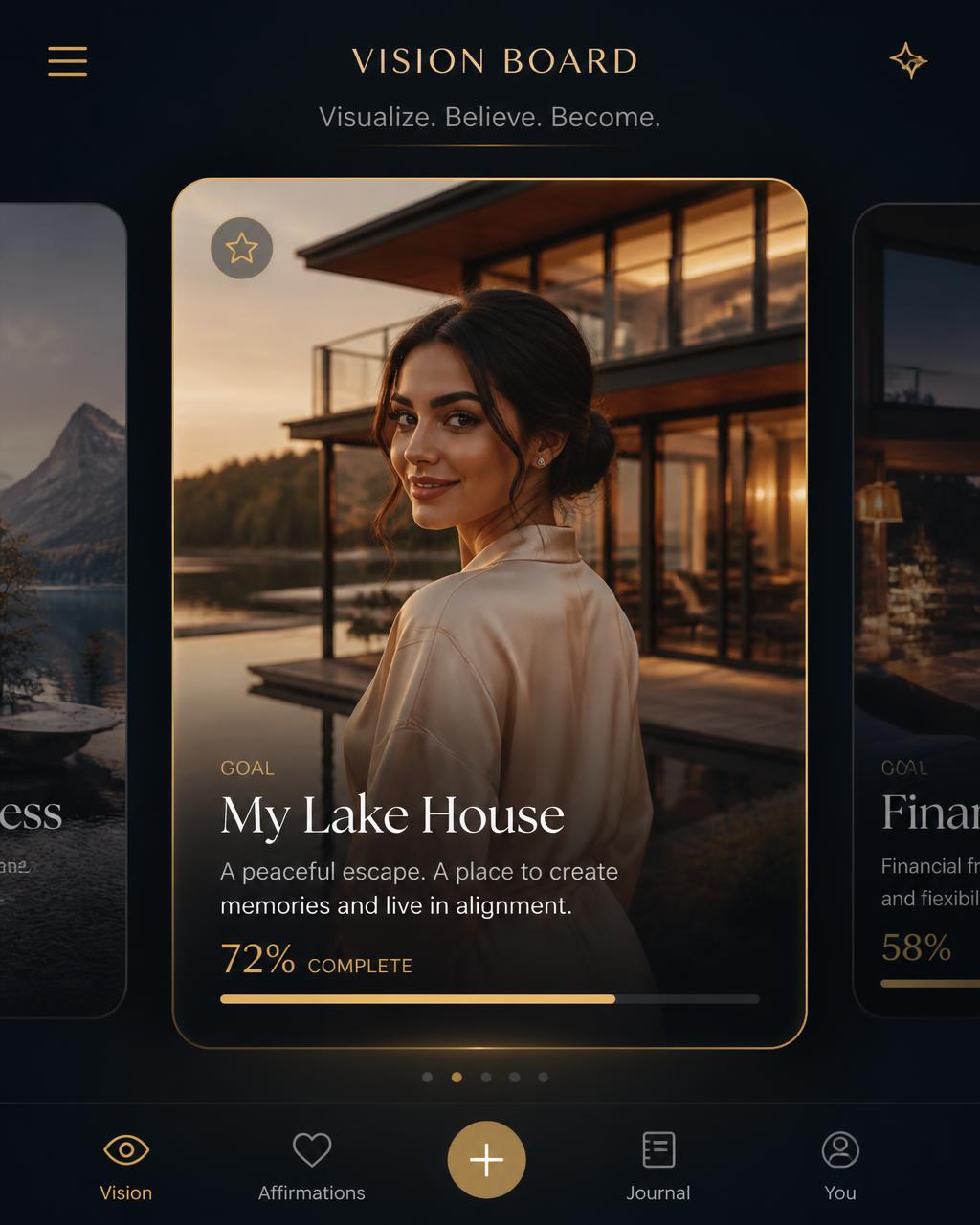 A swipeable goals carousel where each goal has an AI-generated picture of you living it.