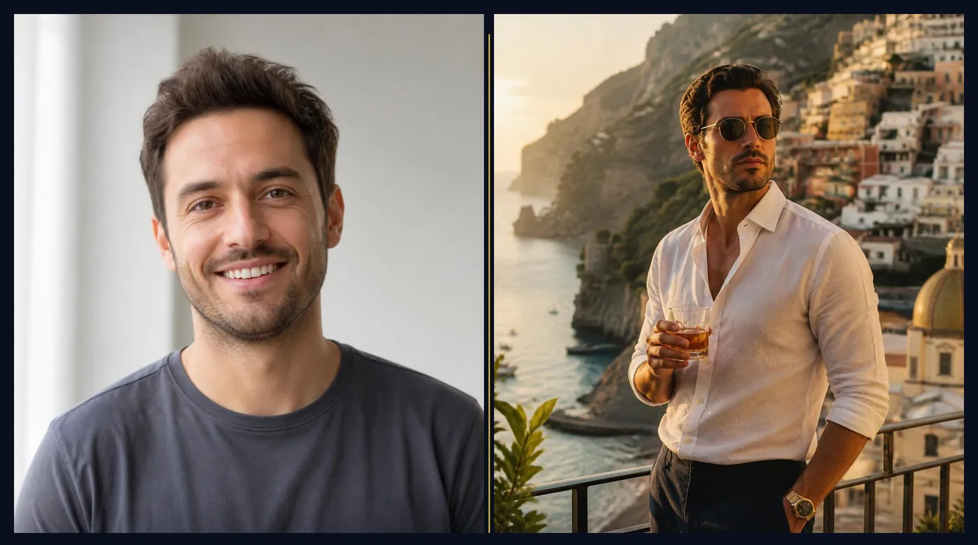 Before and after: a man's present-day selfie beside a cinematic AI portrait of his future self.